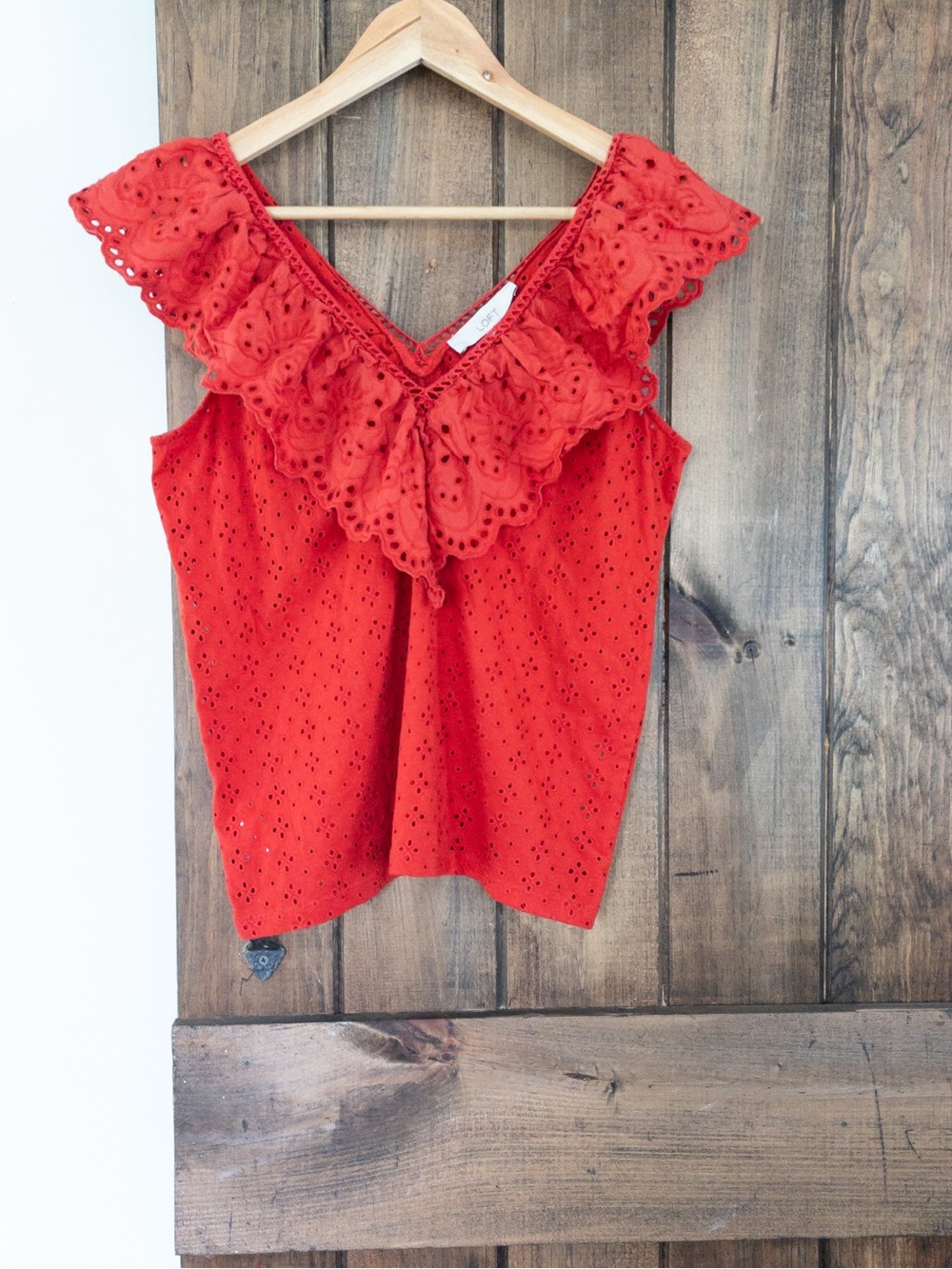 LOFT Red Eyelet Ruffle Double V Neck Sleeveless Top Size Small